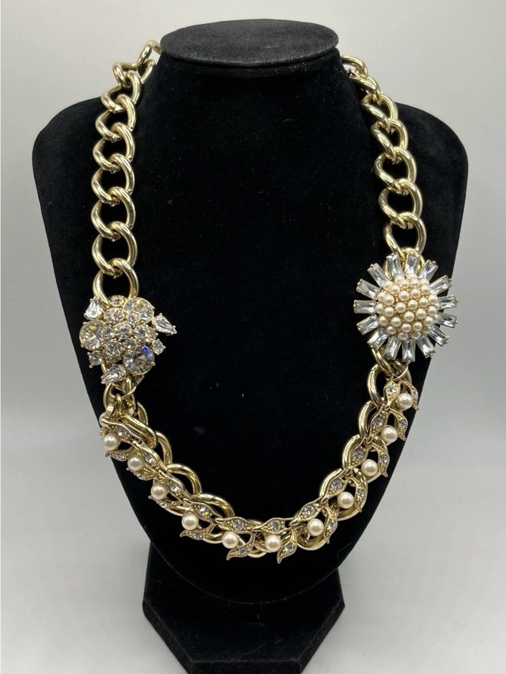 Gold Statement Pearl & Crystal Chain Necklace